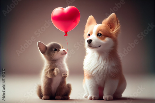 Puppy and kitten. Greeting card, template, mocap. Valentine's Day. © serperm73