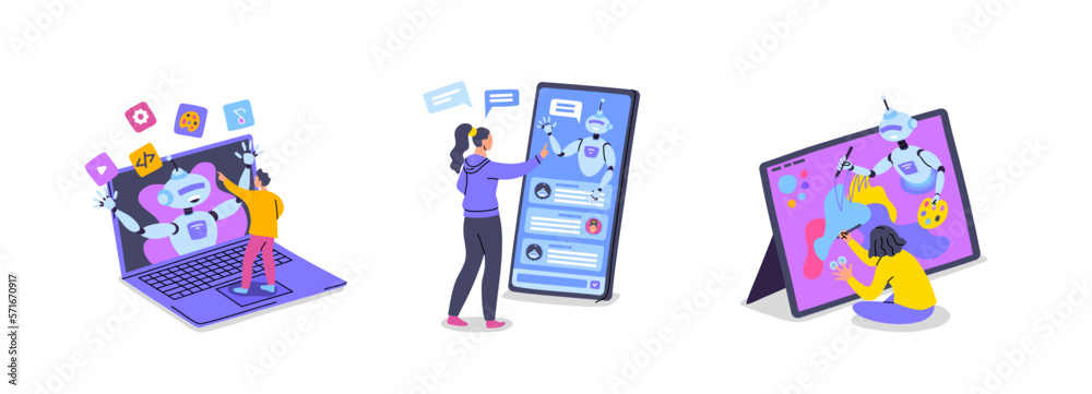 Cartoon Color Characters People AI Assistant and User Concept Flat Design Style . Vector illustration of Service Support