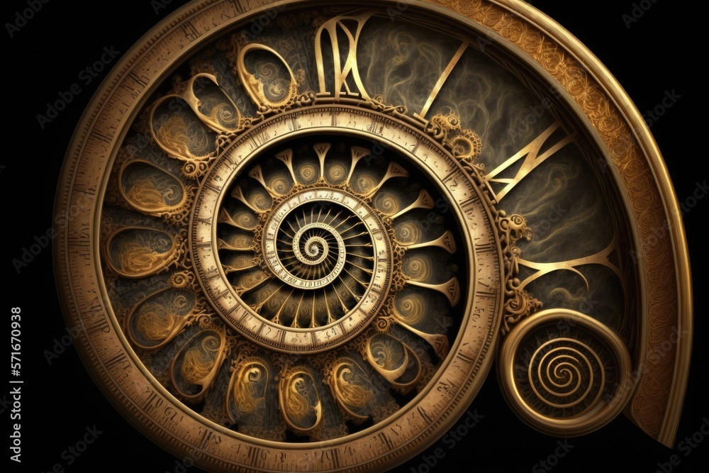 Old spiral clock antique abstract fractal. see the interesting abstract fractal texture background of the clock mechanism. a golden vintage clock with roman numerals Time spiral effect in abstraction Old spiral clock antique abstract fractal. see the interesting abstract fractal texture background of the clock mechanism. a golden vintage clock with roman numerals Time spiral effect in abstraction