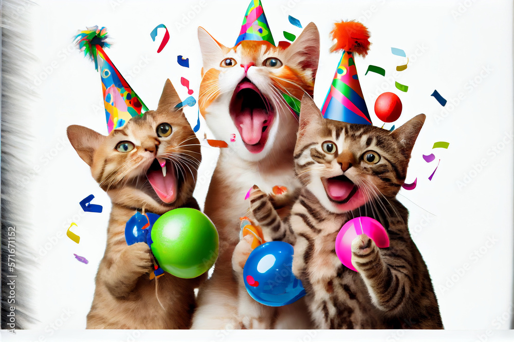 A gang of funny cats celebrates the celebration. The cats are wearing paper caps. Cat birthday. White background. A gang of funny cats celebrates the celebration. The cats are wearing paper caps. Cat birthday. White background.