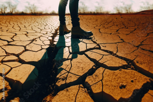 Man walking on cracked and dry earth. Climate change concept. generative ai