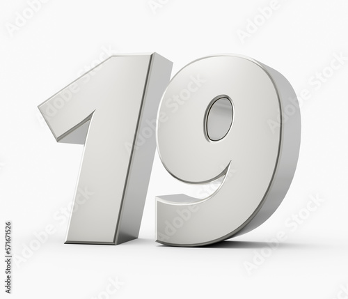 Silver 3d number 19, Nineteen silver 3d number isolated on white background, 3d illustration
