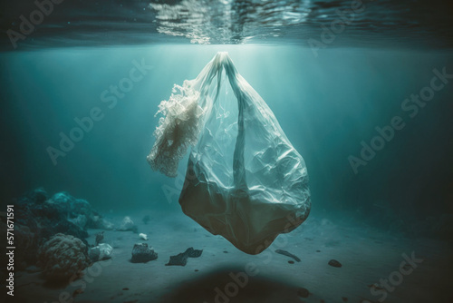 Plastic bag floating in to the deep ocean. generative ai