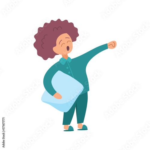 Cartoon Character Girl with Pillow Cute Little Kid Concept Flat Design Style Isolated on a White Background. Vector illustration