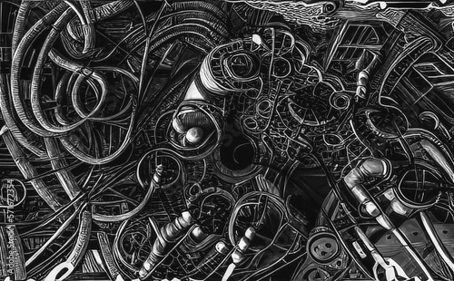 Black and white biomechanical machine abstract background. illustration, generative ai, generative, ai photo