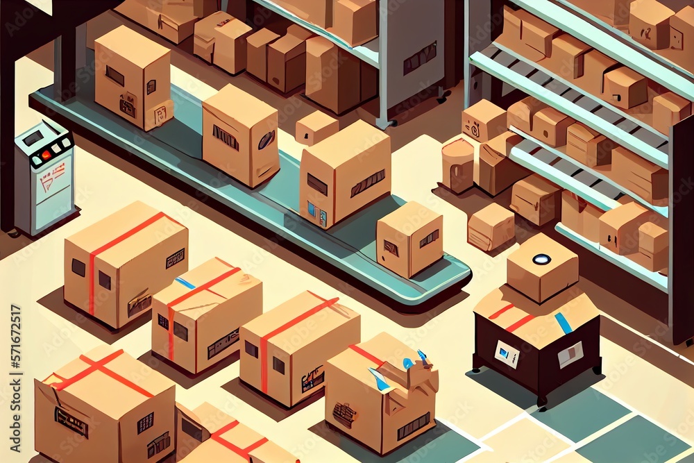 Automated production line at a factory, warehouse, or post office, surrounded by a conveyor belt laden with cardboard boxes carrying packages of various products Animated cartoon. Generative AI Automated production line at a factory, warehouse, or post office, surrounded by a conveyor belt laden with cardboard boxes carrying packages of various products Animated cartoon. Generative AI