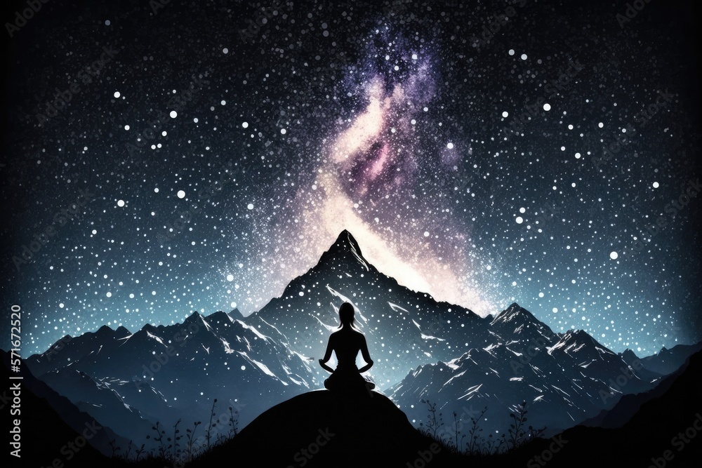 Silhouette of young asian woman practices yoga and meditates on top of the mountain with night sky, star, Milky Way over the sky. She likes to practice yoga in the morning, it makes her feel calm