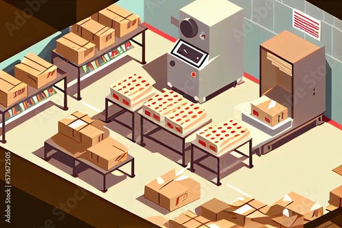 Automated production line at a factory, warehouse, or post office, surrounded by a conveyor belt laden with cardboard boxes carrying packages of various products Animated cartoon. Generative AI