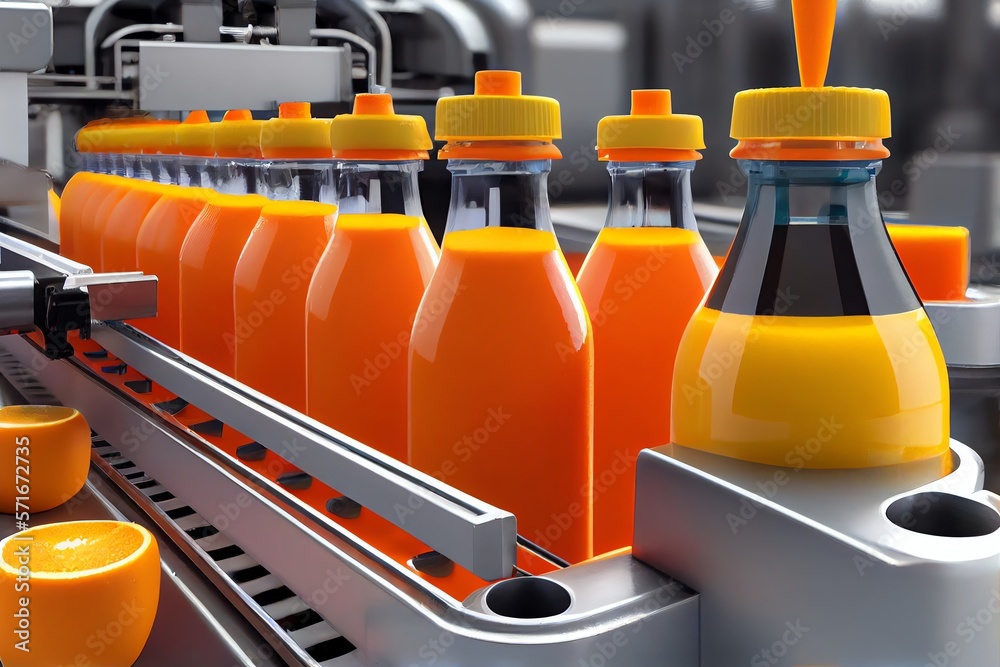 conveyor belt with juice in bottles filling, industrial food and drink production line. Generative AI