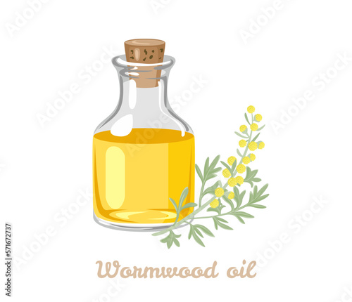 Wormwood essential oil in glass bottle and plant isolated on white background. Vector cartoon flat illustration.