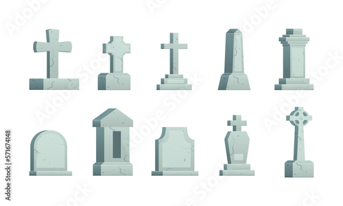 Cartoon Color Different Tombstones and Cemetery Crosses Set Graveyard or Memorial Concept Flat Design Style. Vector illustration
