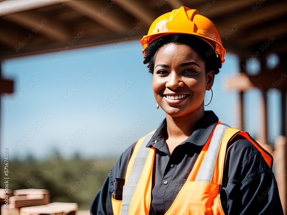 Woman wearing hard hat on a construction site. Made with Generative AI.
Woman wearing hard hat on a construction site. Made with Generative AI.