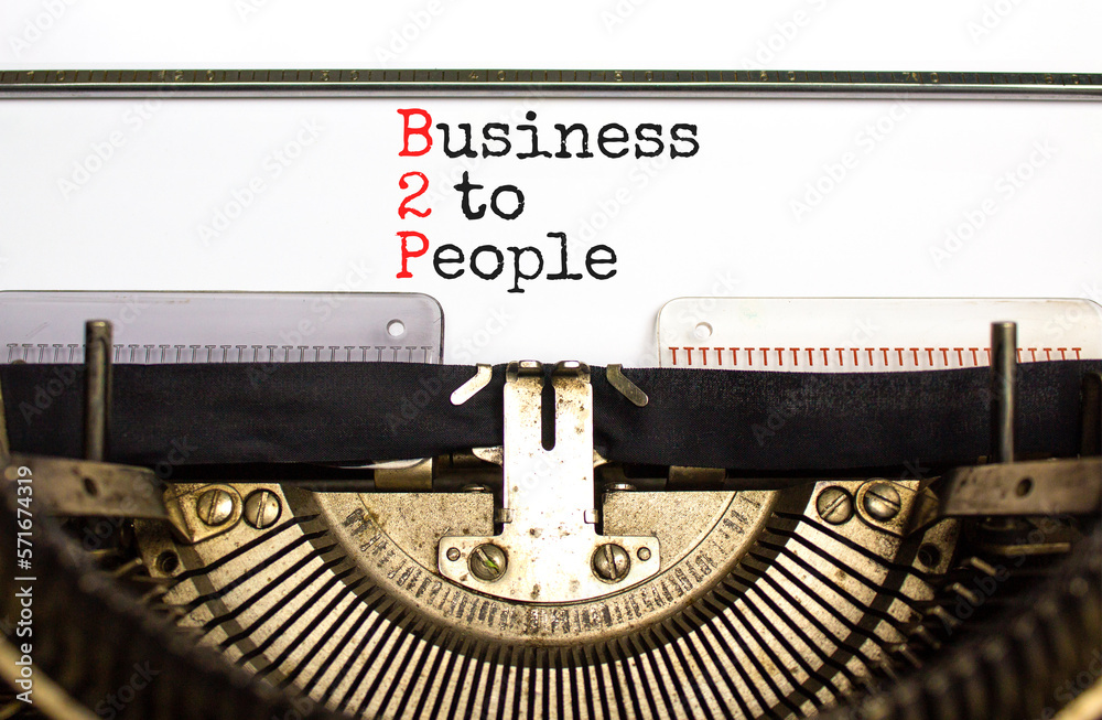 B2P business to people symbol. Concept words B2P business to people typed on old retro typewriter. Beautiful white background. Business and B2P business to people concept. Copy space.