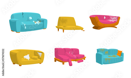 Cartoon Color Different Dirty Broken Sofa Set Concept Flat Design Style. Vector illustration of Couch with Holes