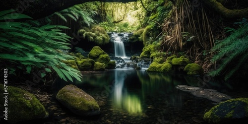 Long exposure panorama of tiny waterfalls flowing into a tiny pond in a lush forest. Generative AI