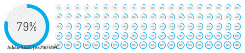 Percentage diagram icons. Pie chart. Progression from 1 to 100.