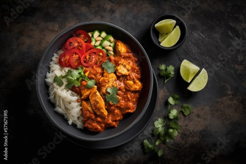 Traditional Indian meal chicken tikka masala in a black bowl against a dark blue slate, stone, or concrete background. copy space in the top view. Generative AI