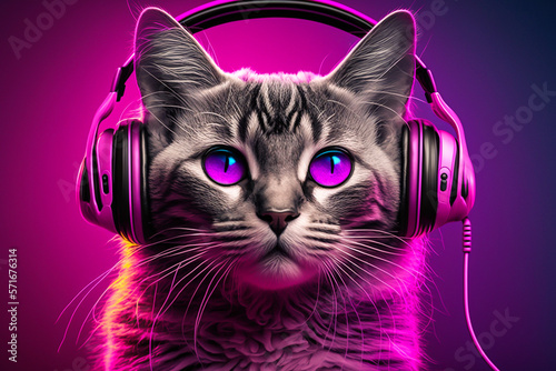 Pockmarked cat muzzle in headphones on neon lights background, graphic art. Abstract portrait, stylish design. Music concept. Image is generated with the use of an AI.