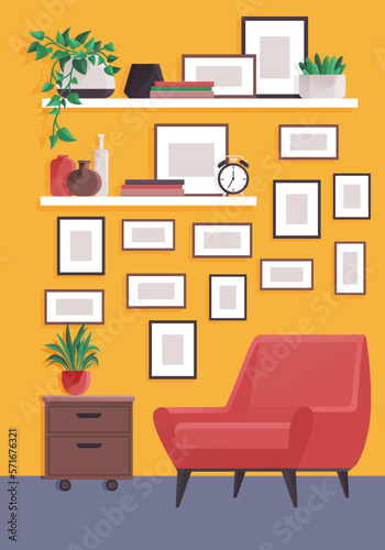 Interior design living room. Furniture in regular home with no people. Plants, chair, chest of drawers, shelf on wall and interior elements. Armchair red fabric. Hanging lamp, window on green wall