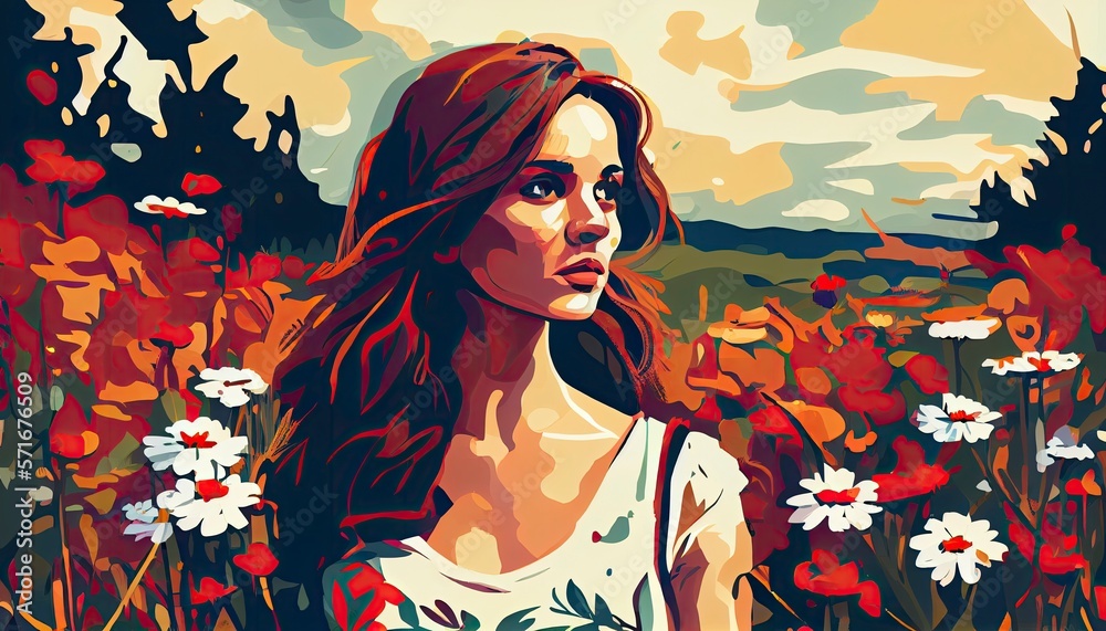Woman standing in a field of flower, Generative AI Woman standing in a field of flower, Generative AI