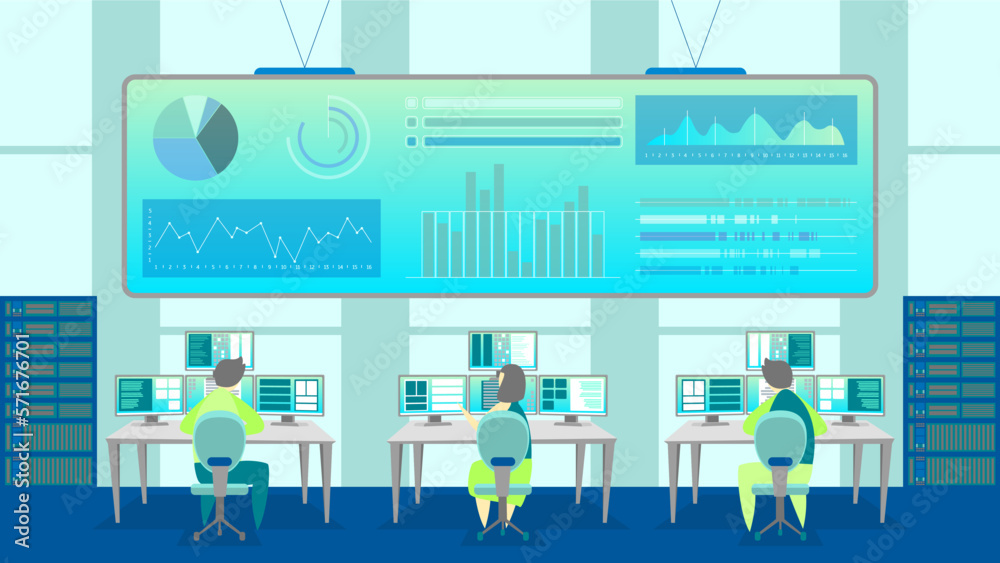 Cartoon Color Characters People and Surveilalance and Control Centre Interior Inside Concept Flat Design Style. Vector illustration Cartoon Color Characters People and Surveilalance and Control Centre Interior Inside Concept Flat Design Style. Vector illustration