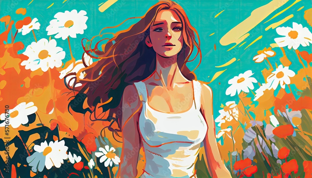 Woman standing in a field of flower, Generative AI Woman standing in a field of flower, Generative AI