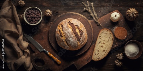 Healthy eating concept, flat lay of freshly baked excellent bread on a rustic wooden work surface with copy space. Generative AI