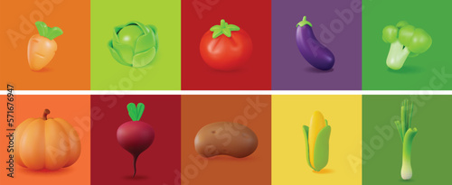 3d Different Vegetables Set Plasticine Cartoon Style Include of Tomato, Carrot, Eggplant and Cabbage. Vector illustration