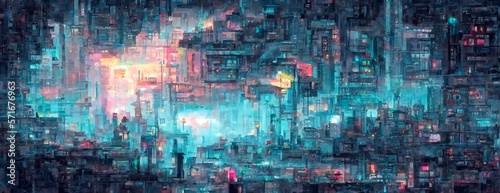 Pixel Cyberpunk neon city night. Futuristic city scene in a style of pixel art. 80's wallpaper. Retro future Generative AI illustration. Urban scene.