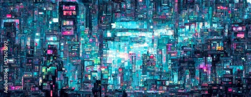 Pixel Cyberpunk neon city night. Futuristic city scene in a style of pixel art. 80 s wallpaper. Retro future Generative AI illustration. Urban scene.