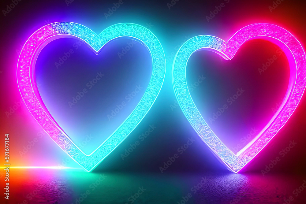 The heart shapes on abstract light neon glitter background in love concept for valentines day with sweet and romantic. Neon heart glowing background space for text. Design and digital material. The heart shapes on abstract light neon glitter background in love concept for valentines day with sweet and romantic. Neon heart glowing background space for text. Design and digital material.