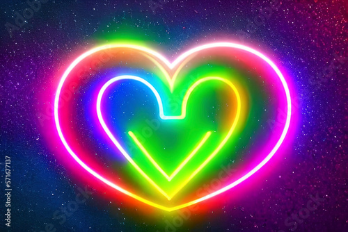 The heart shapes on abstract light neon glitter background in love concept for valentines day with sweet and romantic. Neon heart glowing background space for text. Design and digital material.