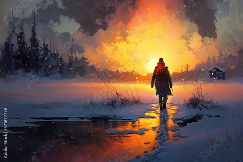 Winter silhouette walking to the sunset. Oil painting. Generative AI art. © Brokenclouds Art