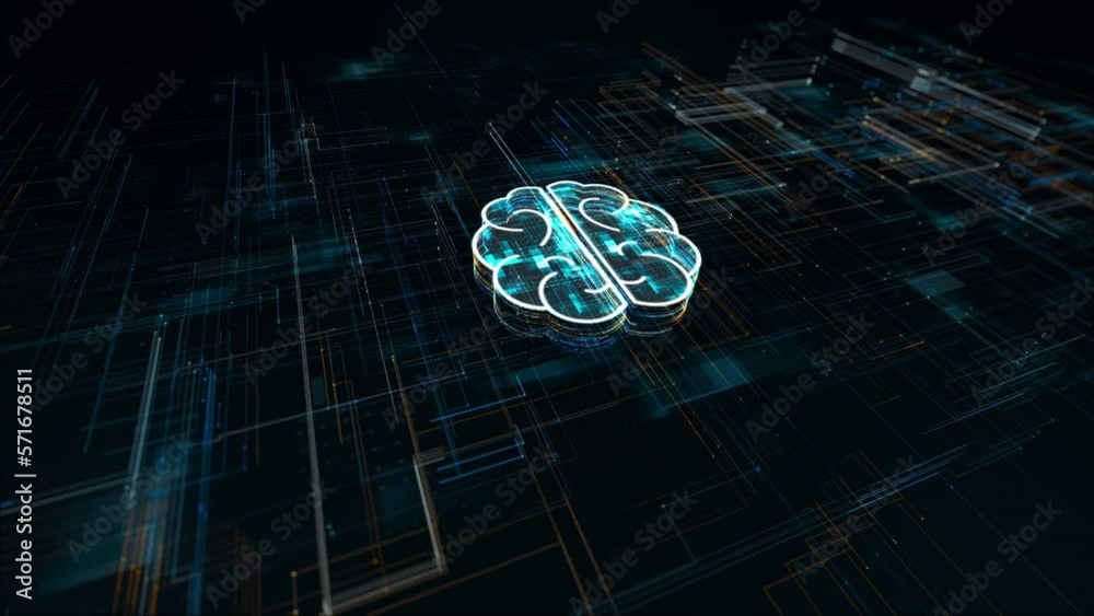 Motion graphic of Dark blue particle Brain logo with grid line digital ...
