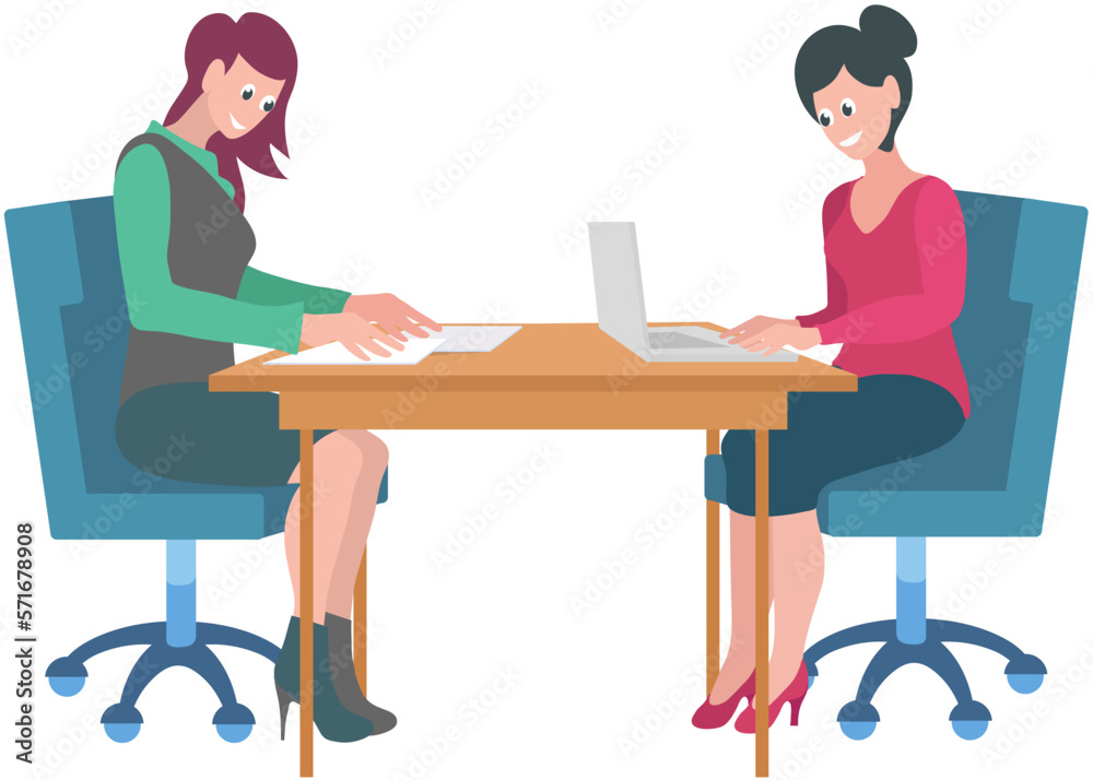 Women sit at table with laptop and communicate. Colleagues spend time together during work or rest. Characters discussing tasks at workplace. Working meeting, dialogue, conversation concept Women sit at table with laptop and communicate. Colleagues spend time together during work or rest. Characters discussing tasks at workplace. Working meeting, dialogue, conversation concept