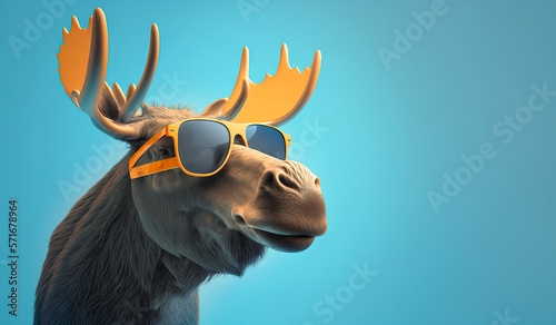 Cute male bull moose with antlers looking cool wearing bright yellow tinted sunglasses on a blue background. Image created with generative ai photo
