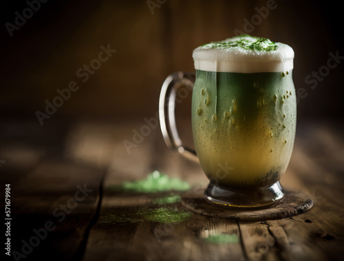 March 17 St. Pattys day party with a mug of cold green beer, in an old rustic pub setting. St Patrick's day celebration. Image created with generative ai