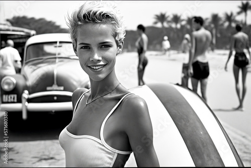 Cute surfer young girl in bikini swimsuit with beautiful smile, on the beach with surfboard.  Black and white image created with generative ai.