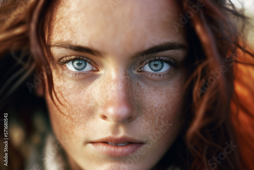 extreme closeup of  a woman's face with beautiful hair and eyes, geneartive ai. © Nokhoog