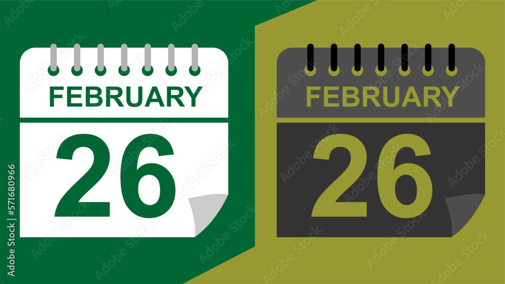 February 26 calendar date on green background or isolated icons with hollow background. February 26 calendar date on green background or isolated icons with hollow background.