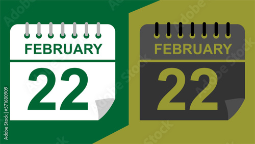 February 22 calendar date on green background or isolated icons with hollow background.