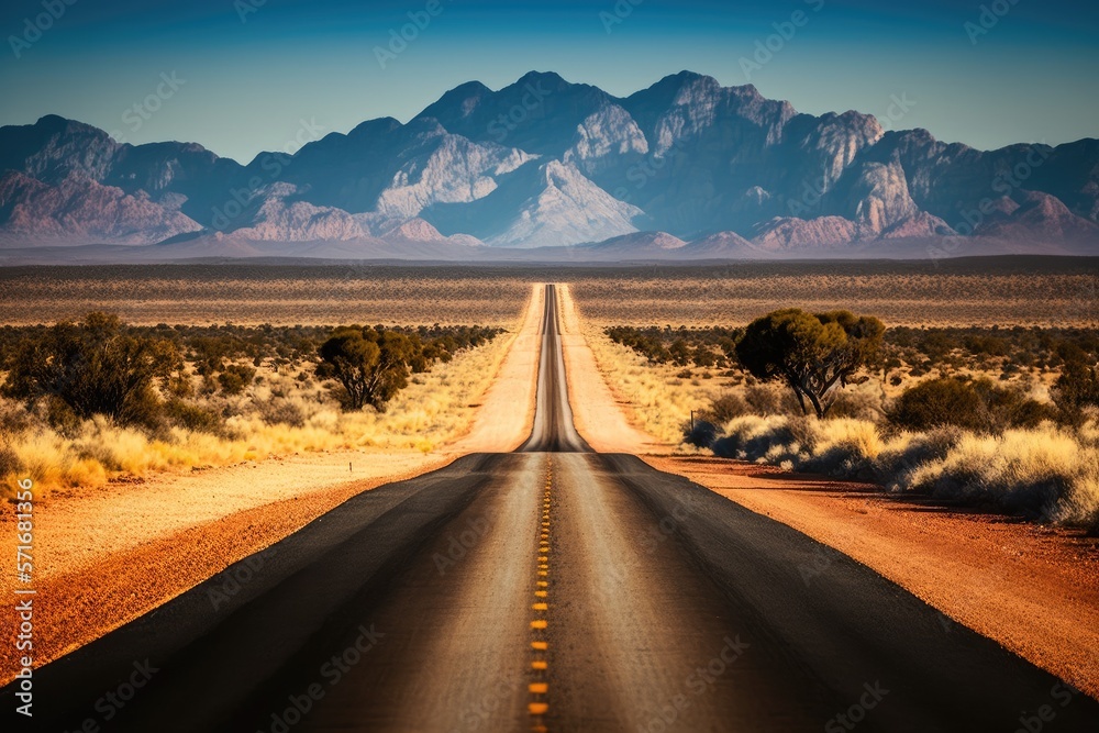 Kimberly, Western Australia's, open road. A straight, one lane asphalt road with mountains in the background extended into the distance. vacation adventure. Generative AI