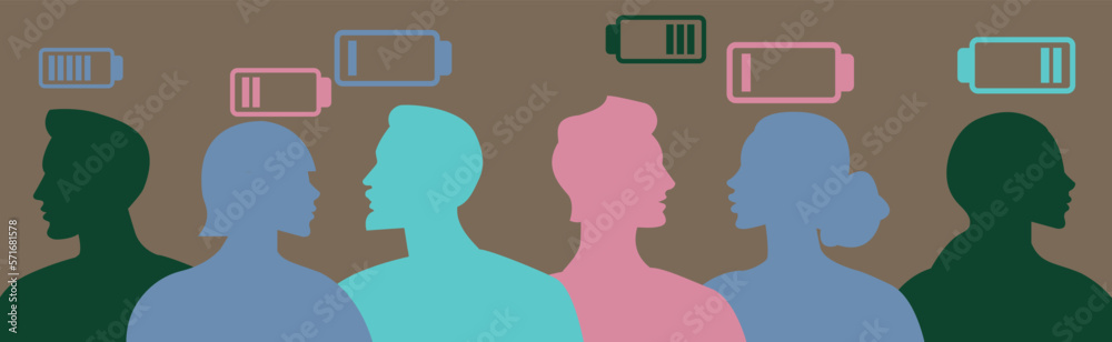 Emotional burnout in people. Flat vector stock illustration. Low battery. Social stress. Society is tired. Emotional and mental health. Fatigue of people. Silhouette illustration