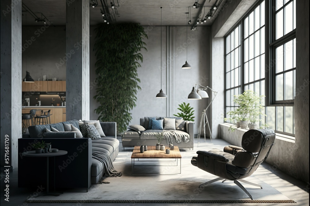 View of concrete living room interior in loft, industrial style 3d rendering V3 ...