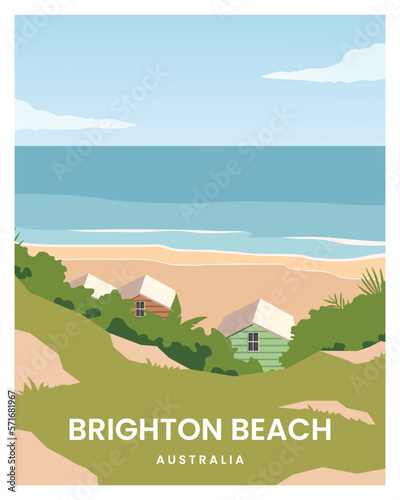houses on white sandy beach at Brighton beach. vector illustration landscape background with minimalist style for poster, postcard, card, print.
