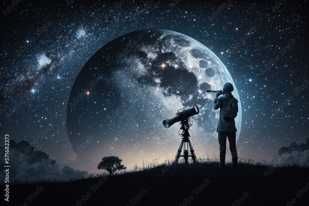 Astronomer with a telescope watching at the stars and Moon. Generative AI