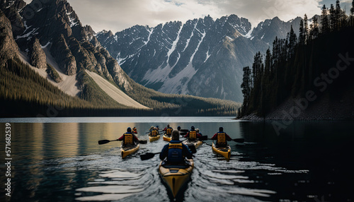 A group of people kayaking on a lake, surrounded by mountains. Generative AI