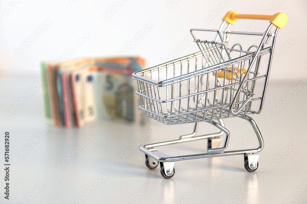 Empty shopping cart and money, several euro banknotes on white background. Conceptual image about purchasing power, family expenses, essential goods, consumer society. Foreground in focus. Copy space