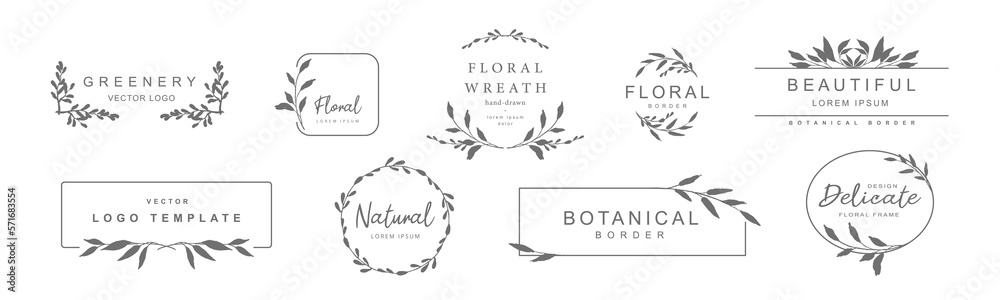 Logo templates with hand drawn silhouettes of branches and leaves. Elegant vector floral frame for labels, corporate identity, wedding invitation save the date.