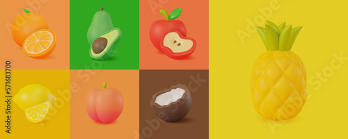 3d Different Sweet Fruits Set Plasticine Cartoon Style Include of Orange, Apple and Peach. Vector illustration